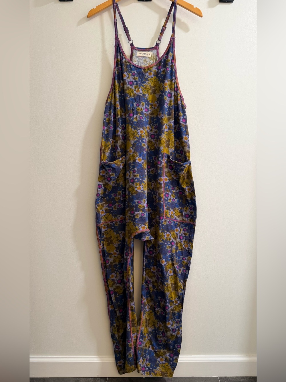 Natural Life Lucy Dusty Blue Floral Jumpsuit (Size Large)